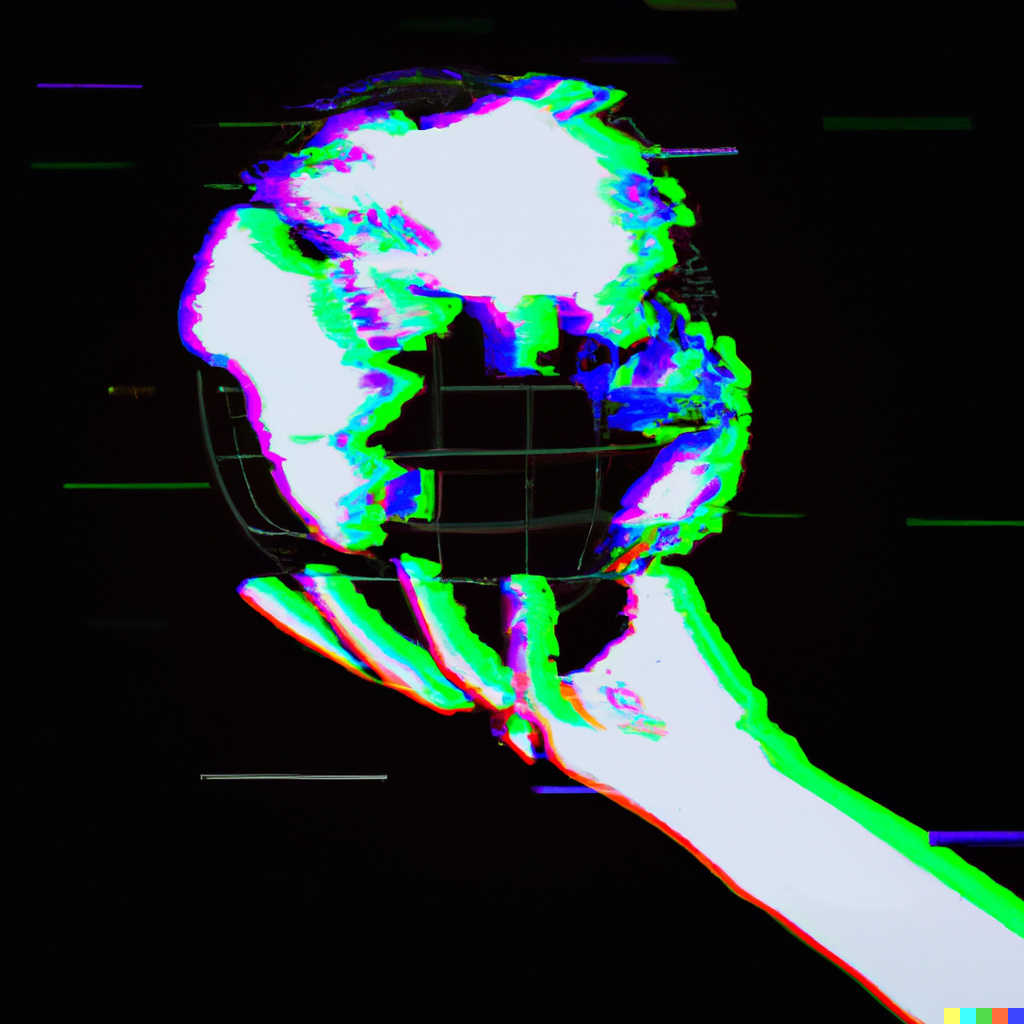 DALL·E 2022-08-25 15.33.13 - a hand holding the globe in the glitch style of XCOPY