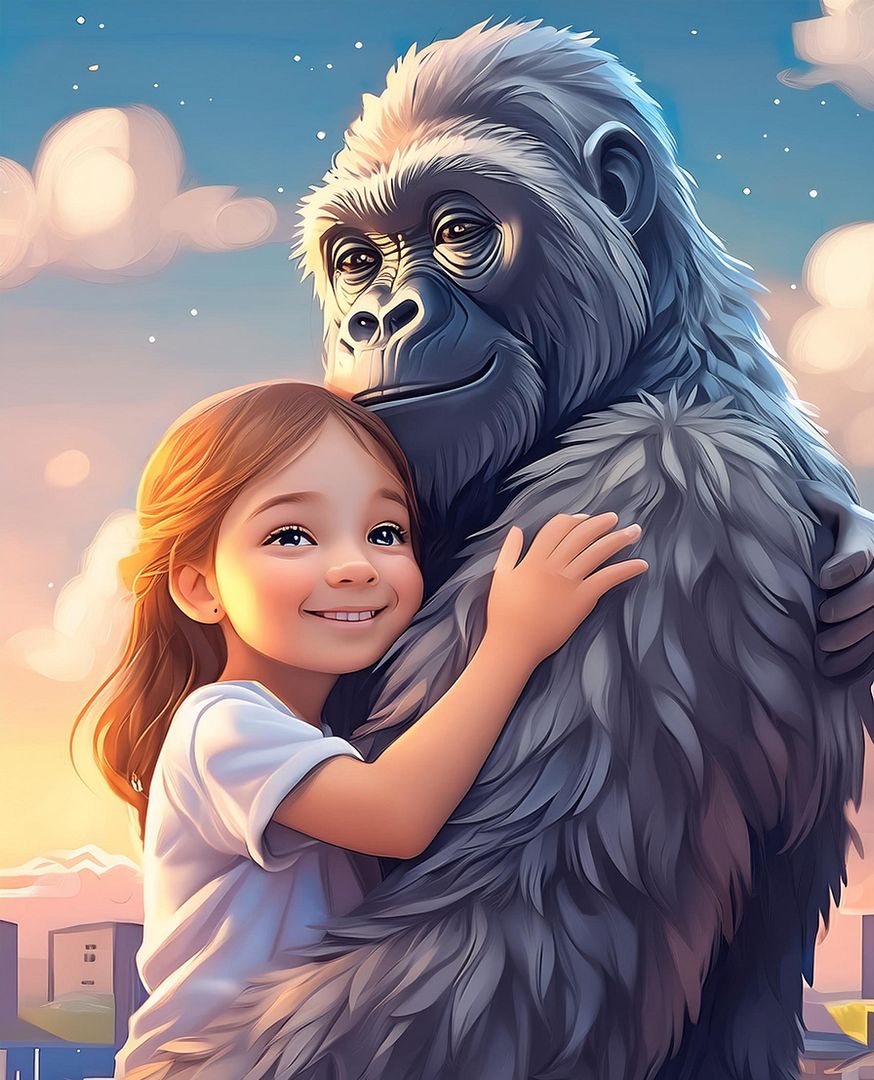 abstract vision of a small Happier girl hugging a gorilla