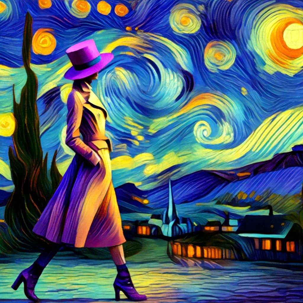 The woman called DEGEN walking in the scene Vincent van Gogh's 'Starry Night'