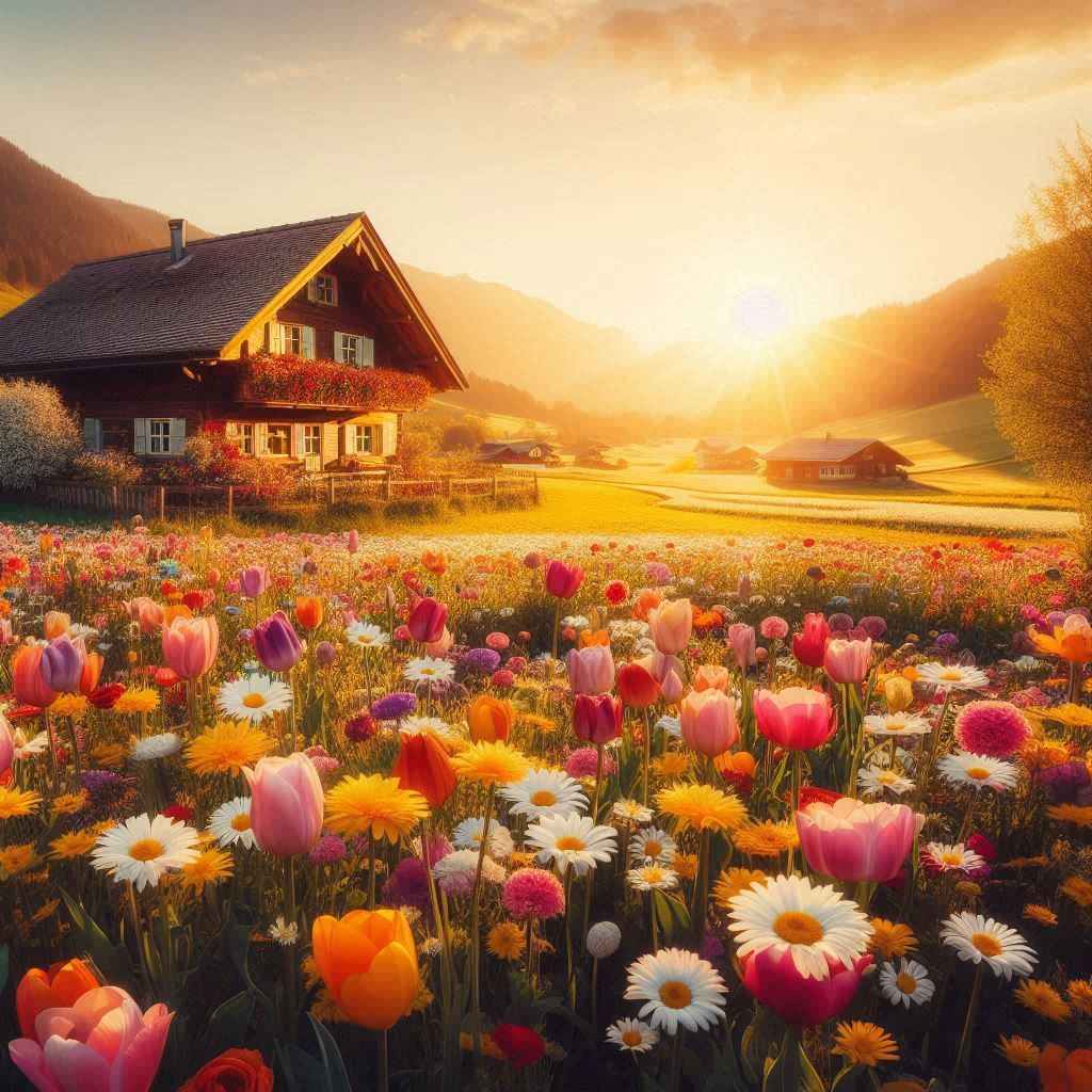 Beautiful flowers near a house