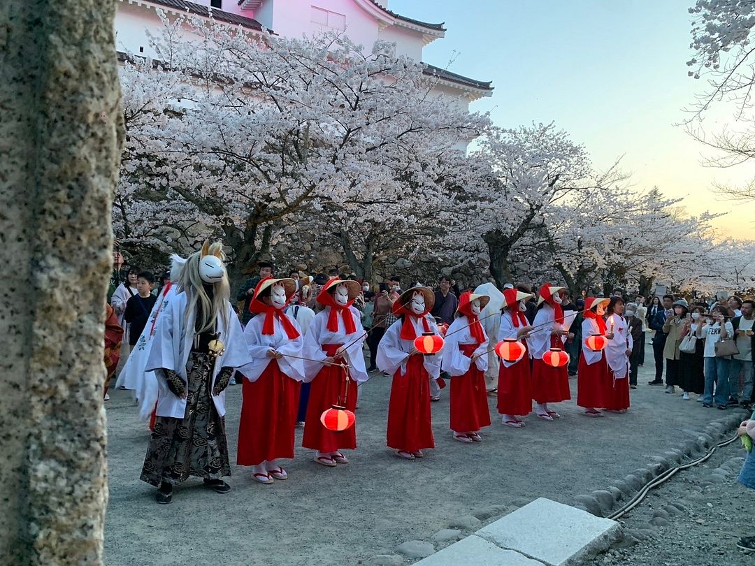 Japanese white fox parade in Samurai city Aizu.