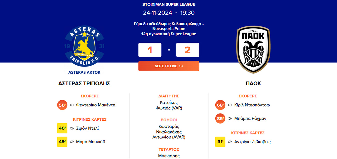 ASTERAS TRIPOLIS-PAOK 1-2 24/11/2024