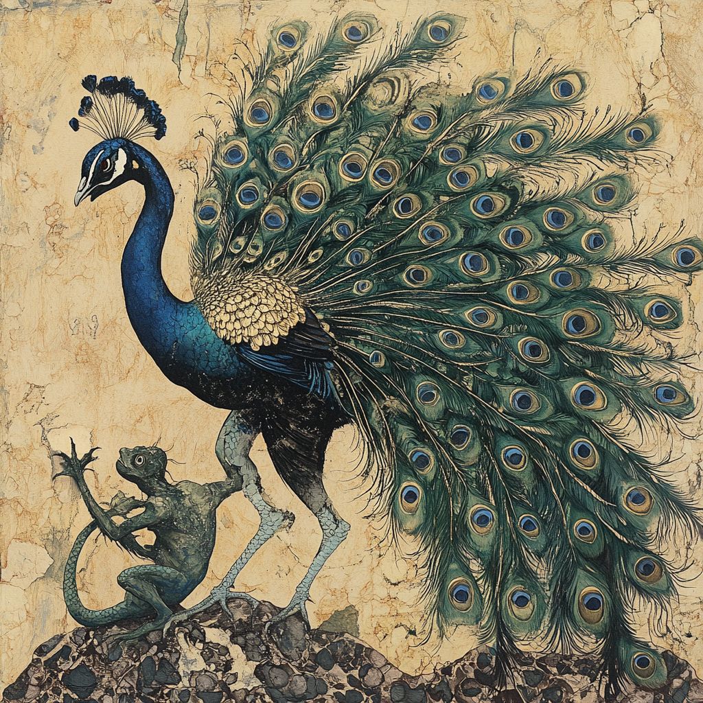 Peacock and lizard