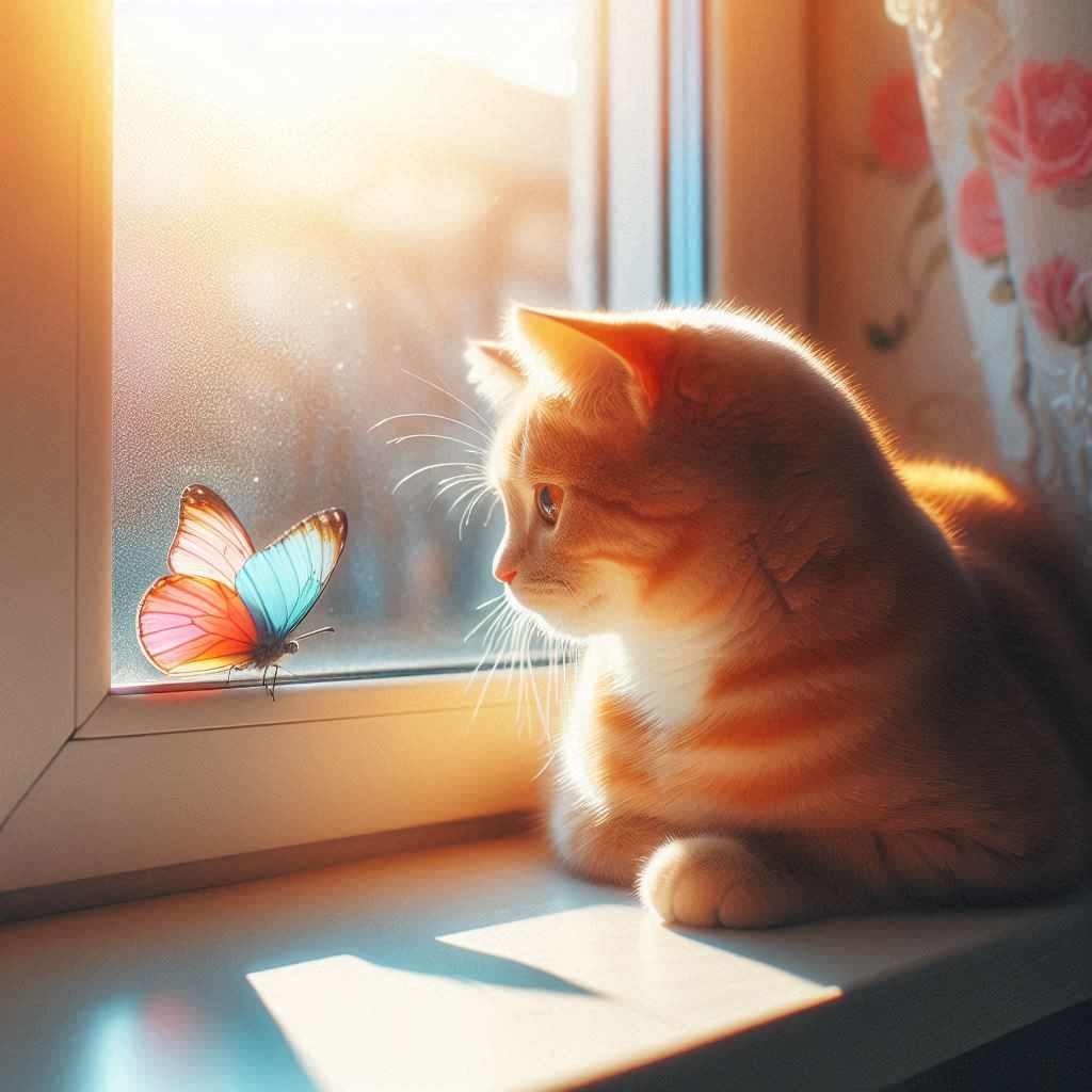 Cat and butterfly by the window