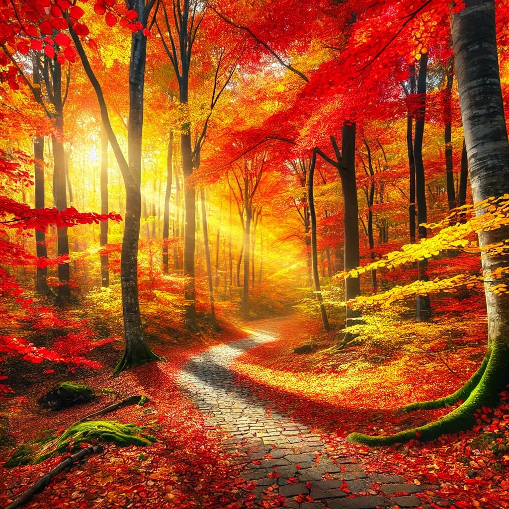 A vibrant autumn forest with brilliant fall colors, a carpet of fallen leaves, and a warm golden glow