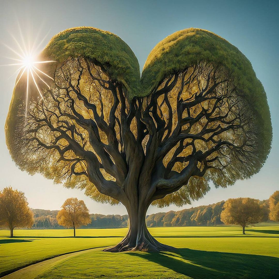 A wide tree with a heart-shaped trunk and branches that reach out to the sky. The tree is in a field of green grass and the sun is shining.