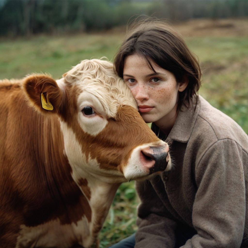 A gentle girl with a small charming cow