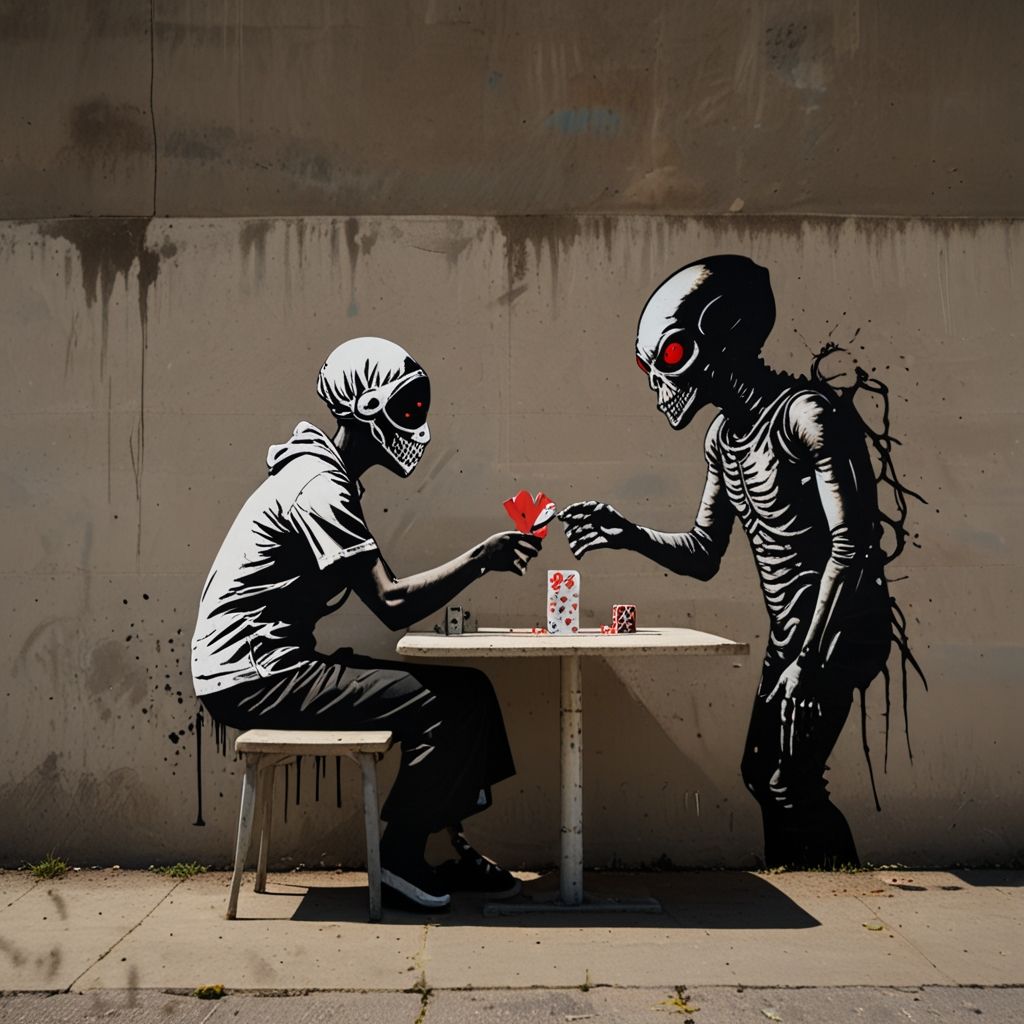 Banksy style graffiti  street mural of a  woman playing a card game with an alien