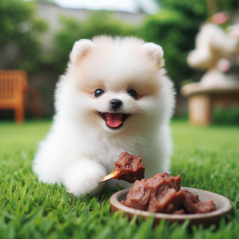 Baby Pomeranian Eating Beef