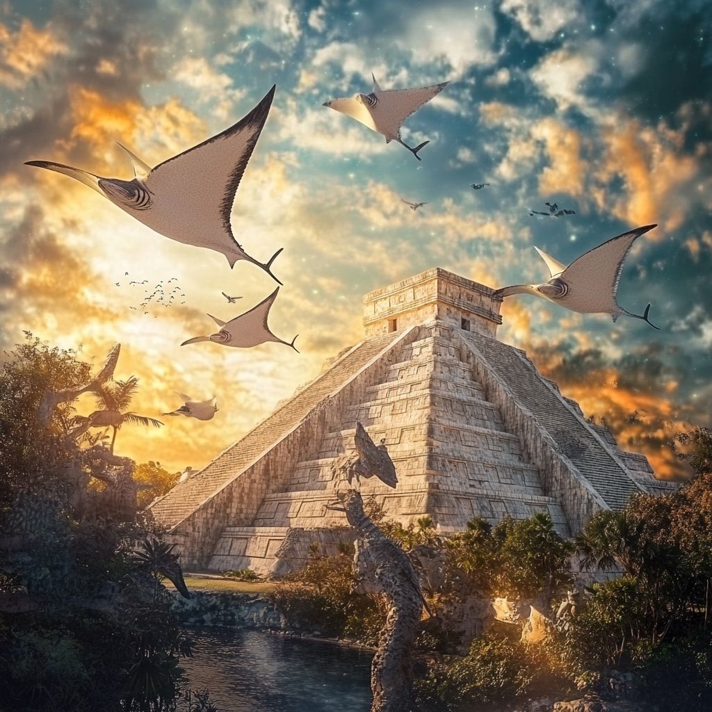 Manta flying over Chichen Itza ruins