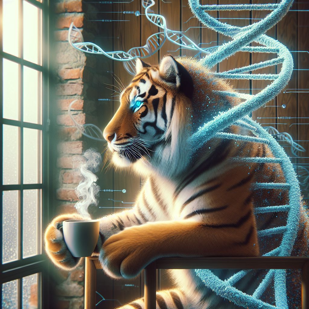 창밖의 풍경을 바라보며 커피 마시는 백두 호랑이(Baekdu Tiger Drinking Coffee Looking Out the Window)