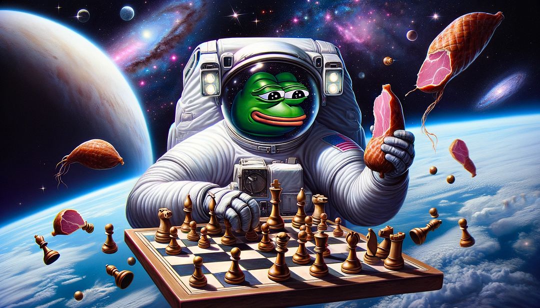 In space Pepe play chess holding ham