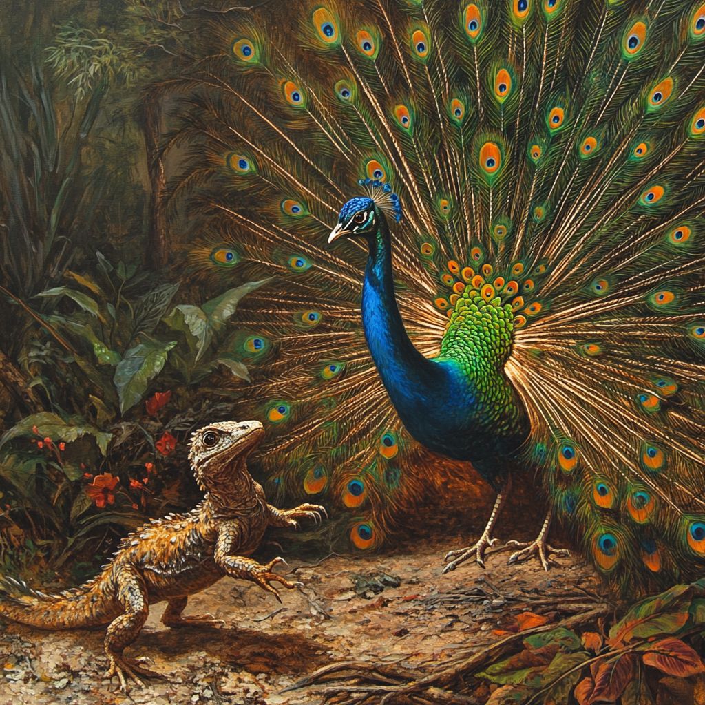 Peacock and lizard