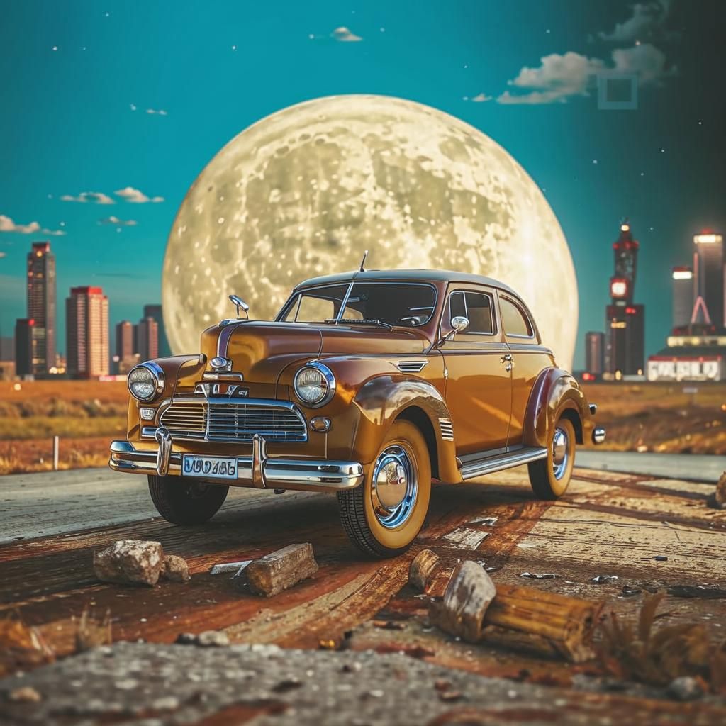 retro car near the moon