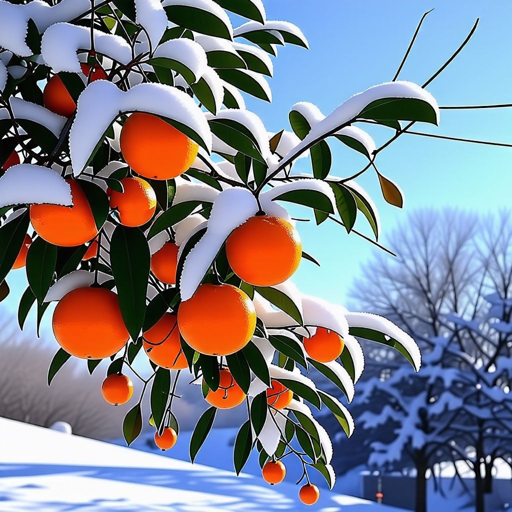 Tangerine tree covered in snow