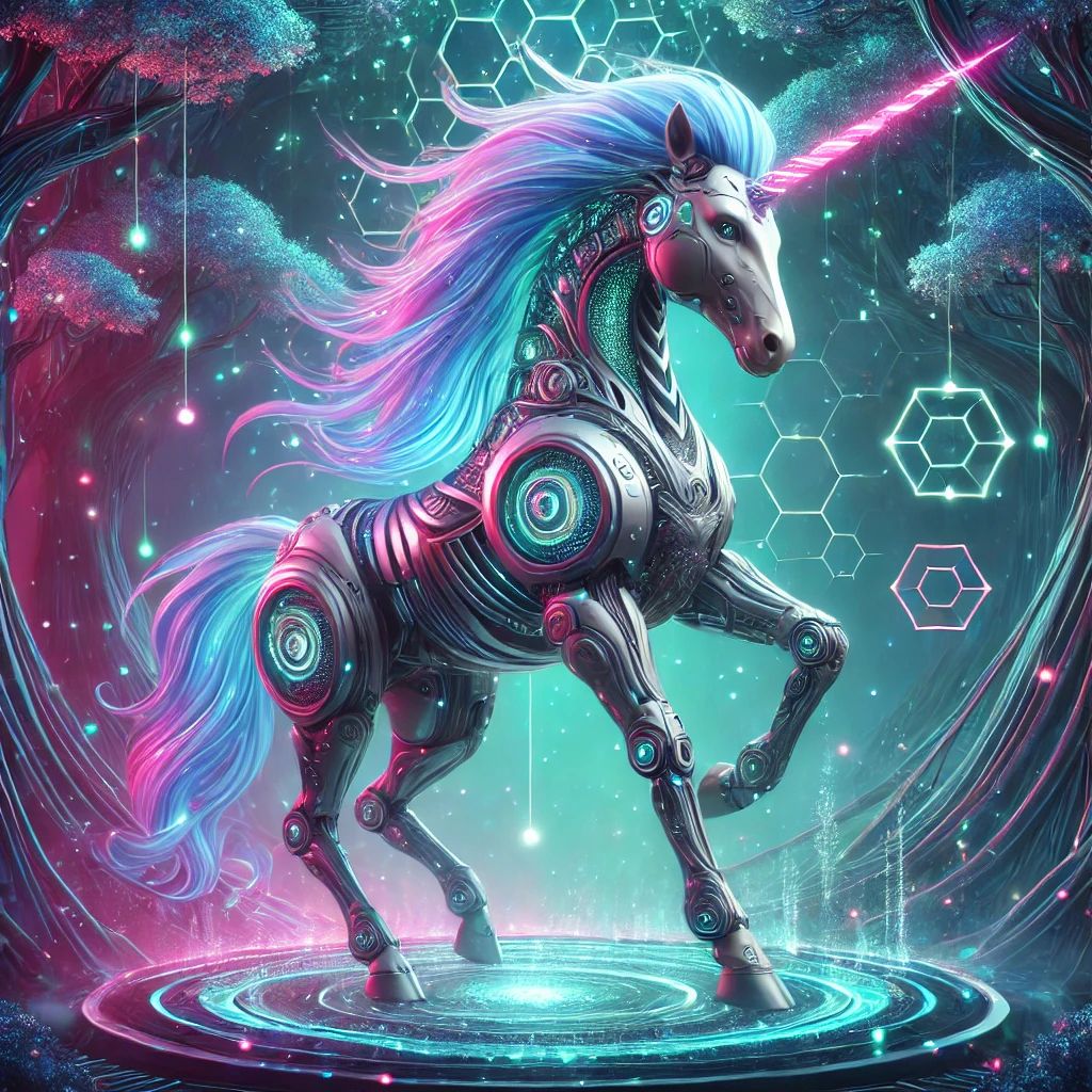 A unicorn with holographic mane and robotic horn.