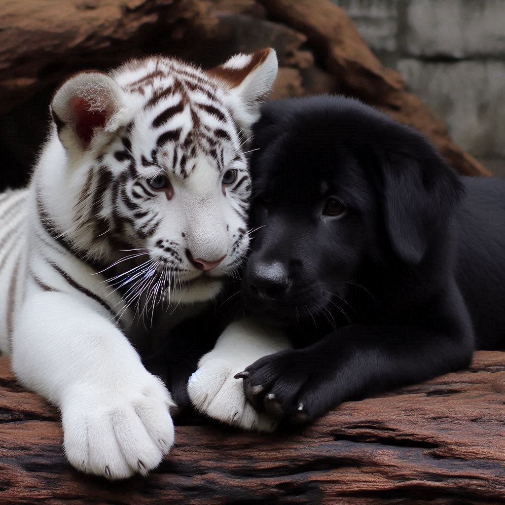 white tiger playing with black simba dog