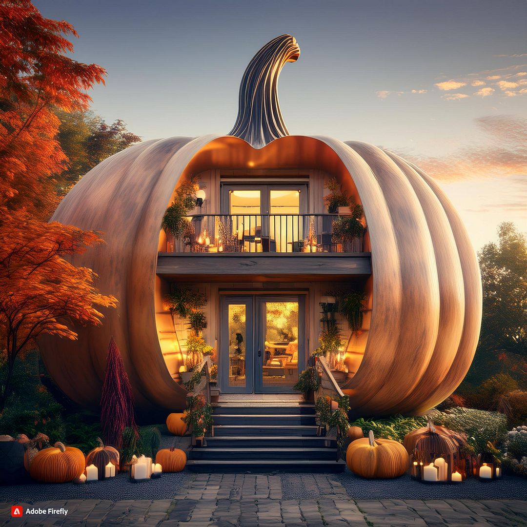 Firefly A cozy, multi-level house designed to resemble a giant pumpkin. The structure has a warm, au