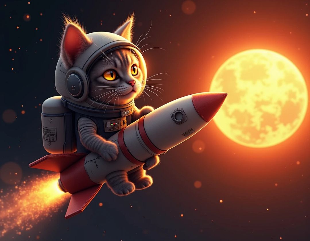 The cat is an astronaut flying in space on a rocket towards the sun