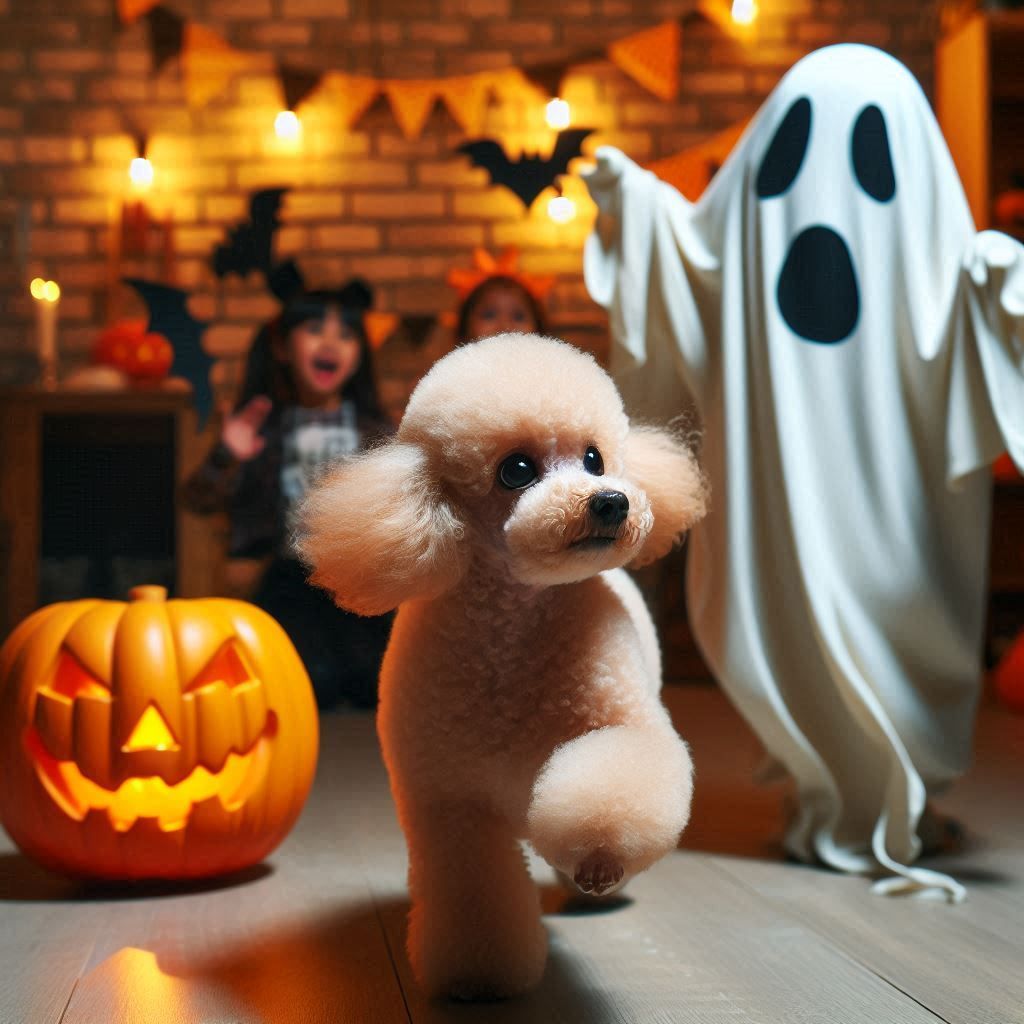 A toy poodle being chased by a ghost at a Halloween party