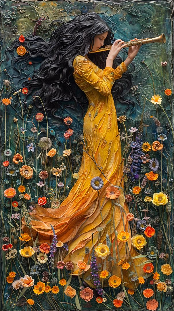 yellow woman playing a wooden flute. Standing in flower field