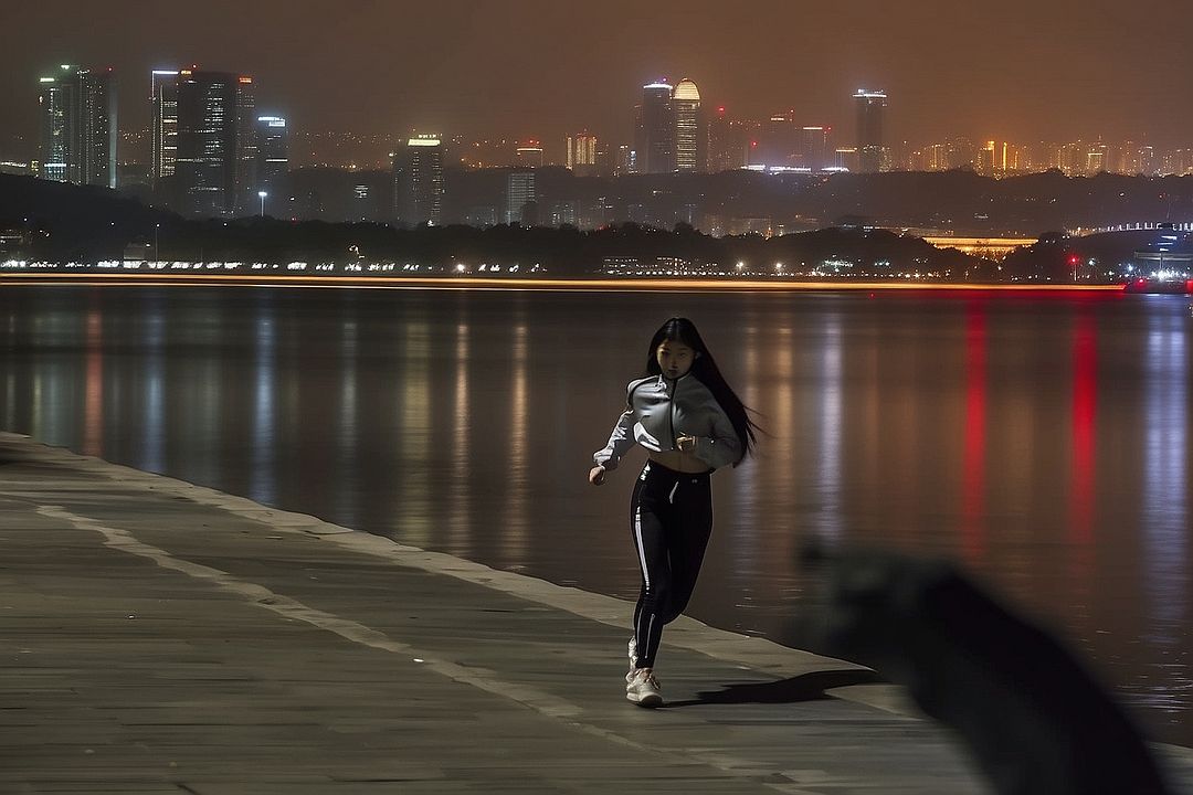 A Girl Jogging at the Han River at Night