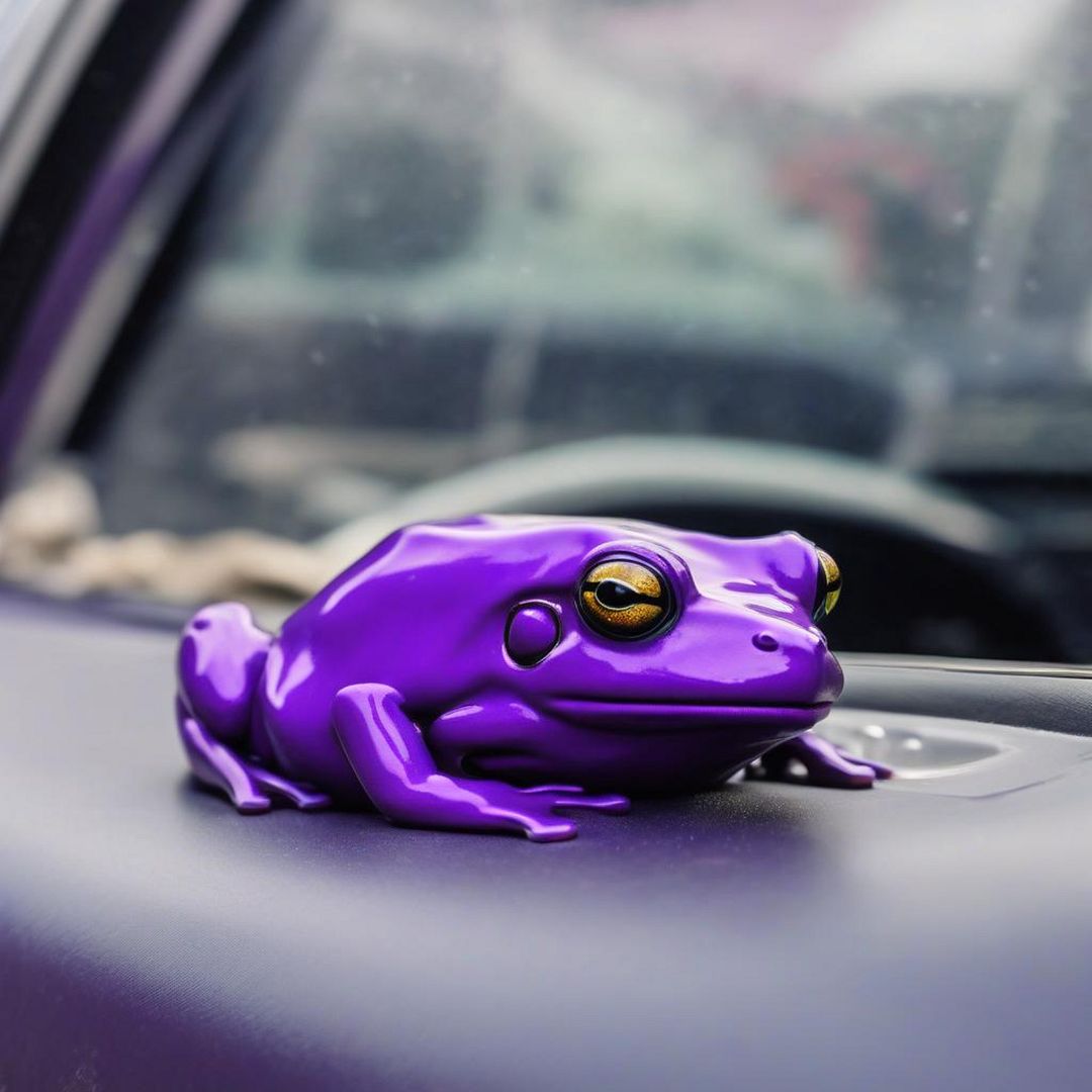 a purple frog in a car