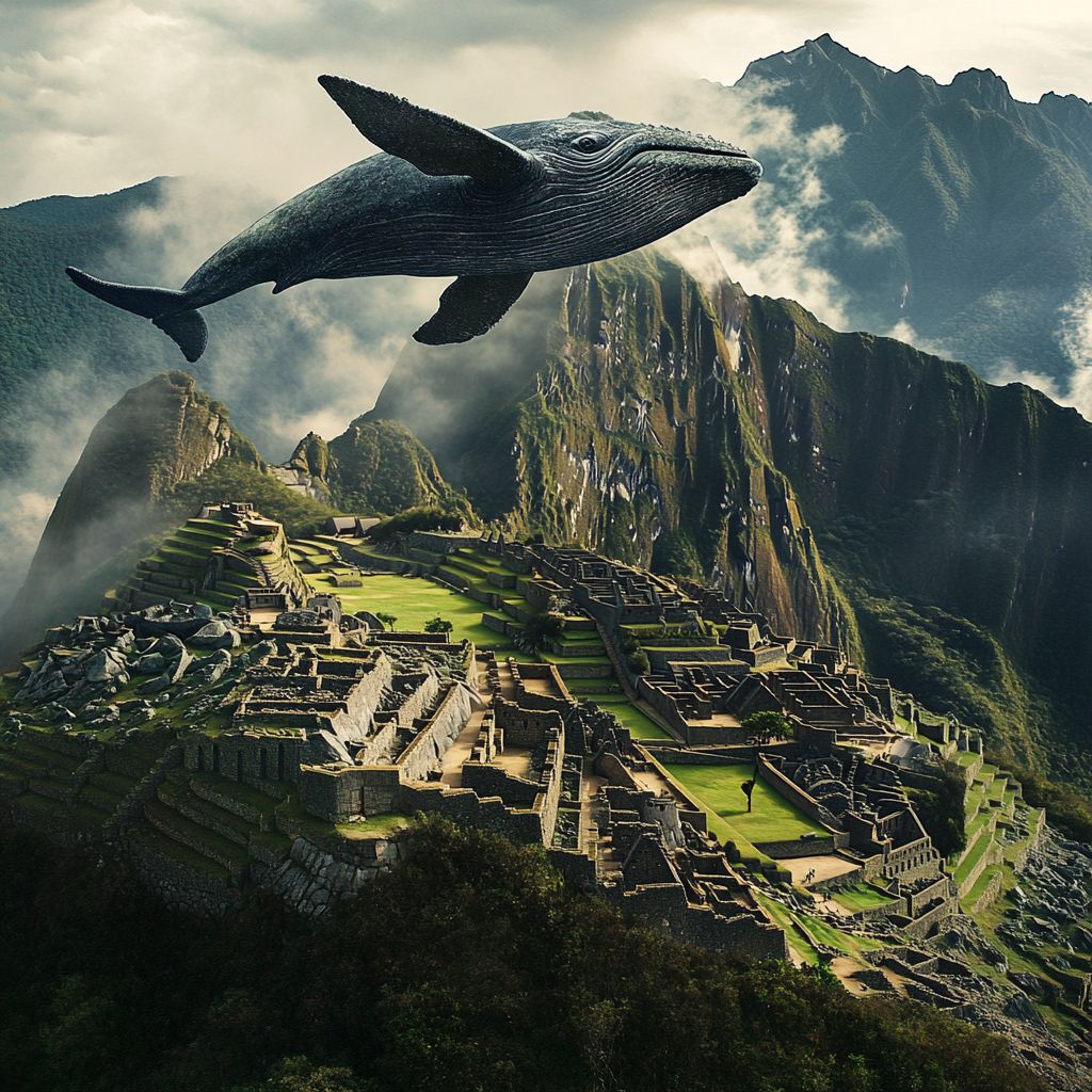 Whale flying over Machu Picchu ruins