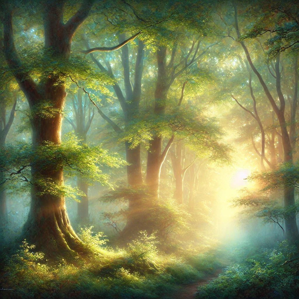 Mystical forest at dawn