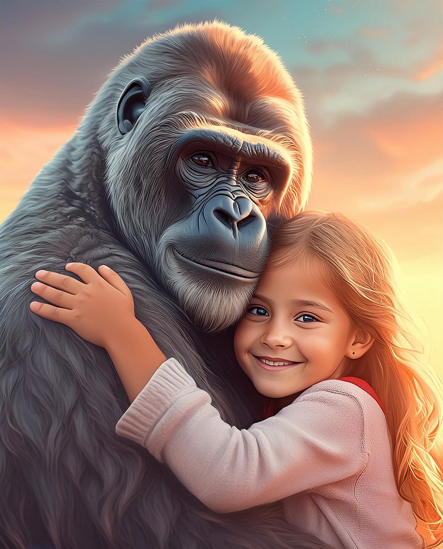 abstract vision of a small Happier girl hugging a gorilla