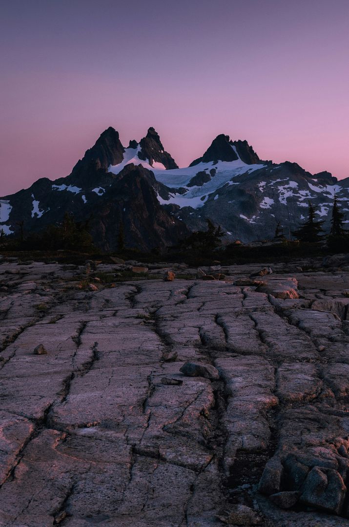 A rocky scene at sunset in the Alpine Lakes Wilderness