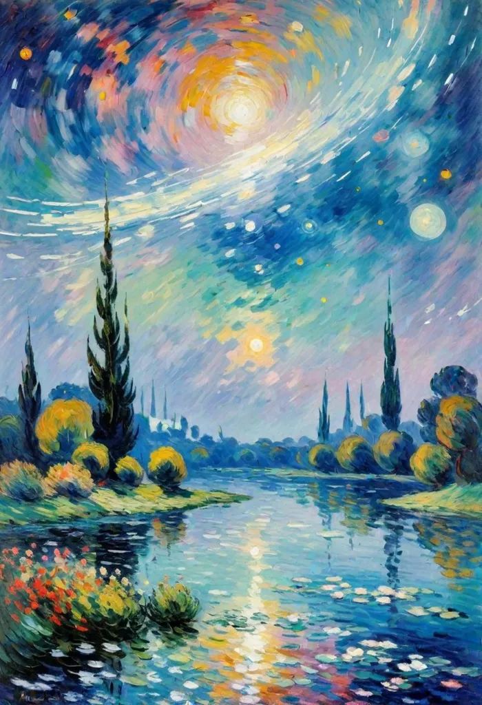 Impressionist painting of a serene, starry river valley landscape