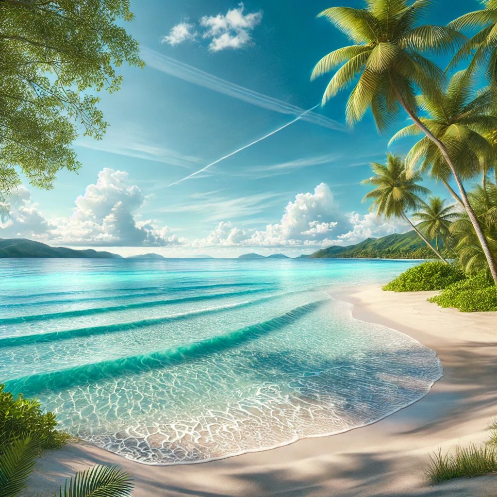 A tranquil coastal scene with clear waters, white sandy beaches, and lush palm trees