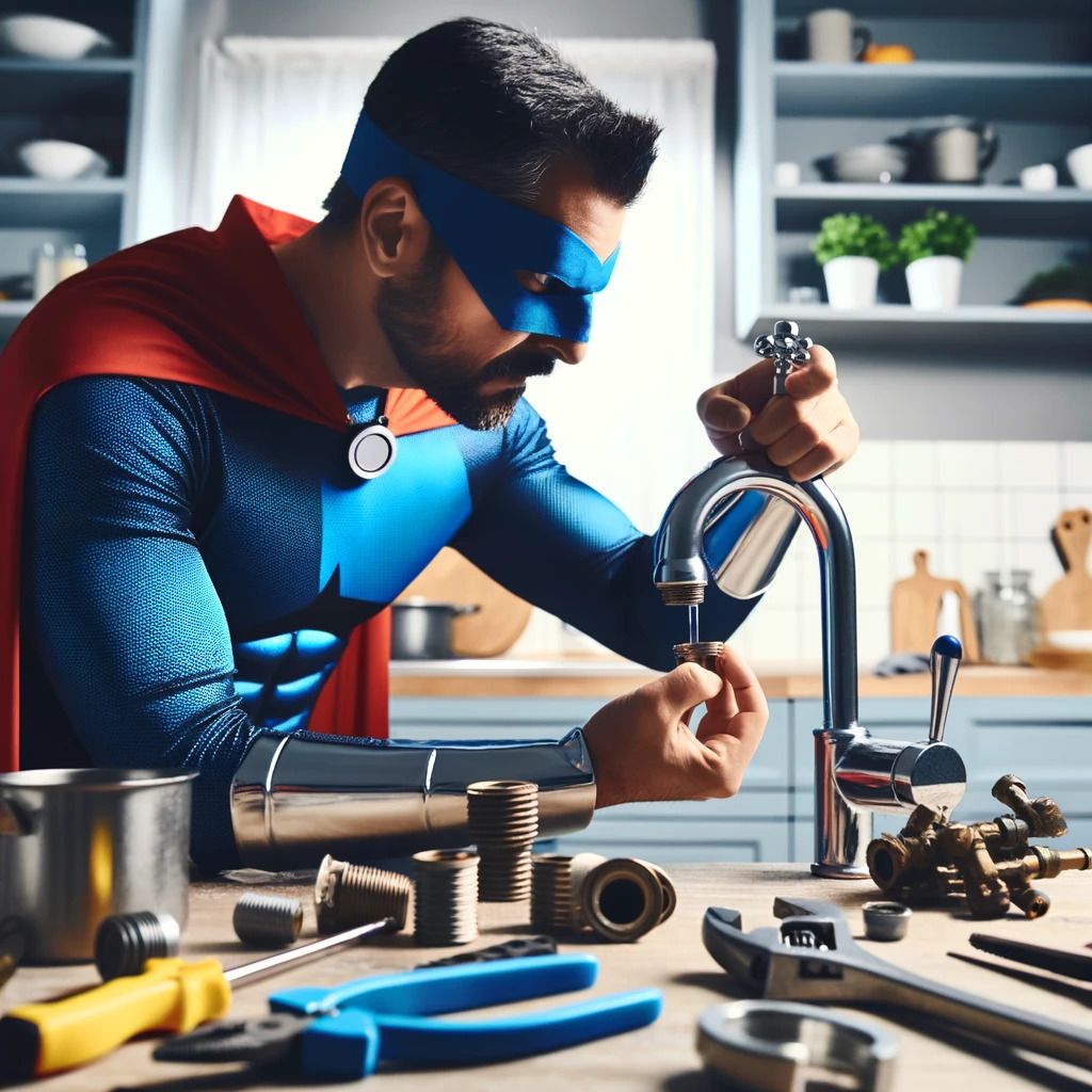 A_superhero_trying_to_fix_a_dripping_faucet_using_