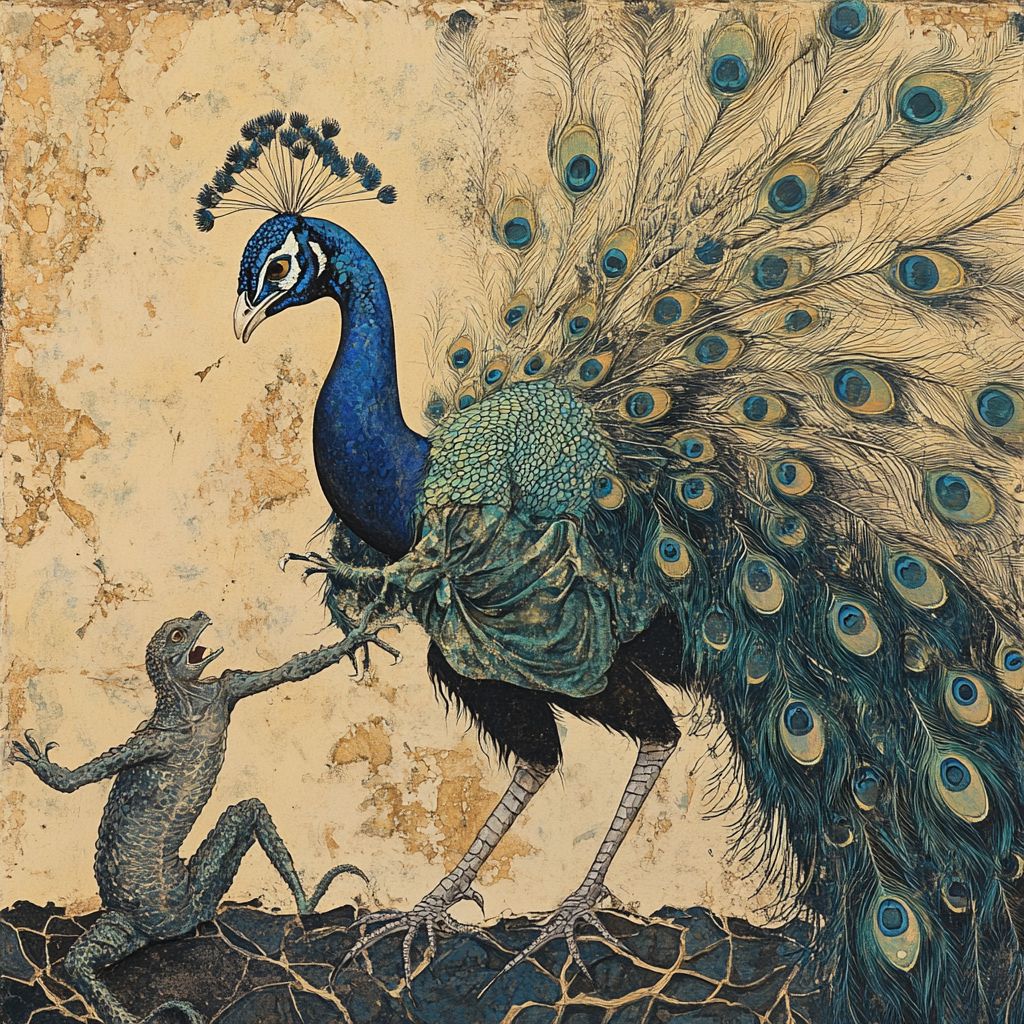 Peacock and lizard