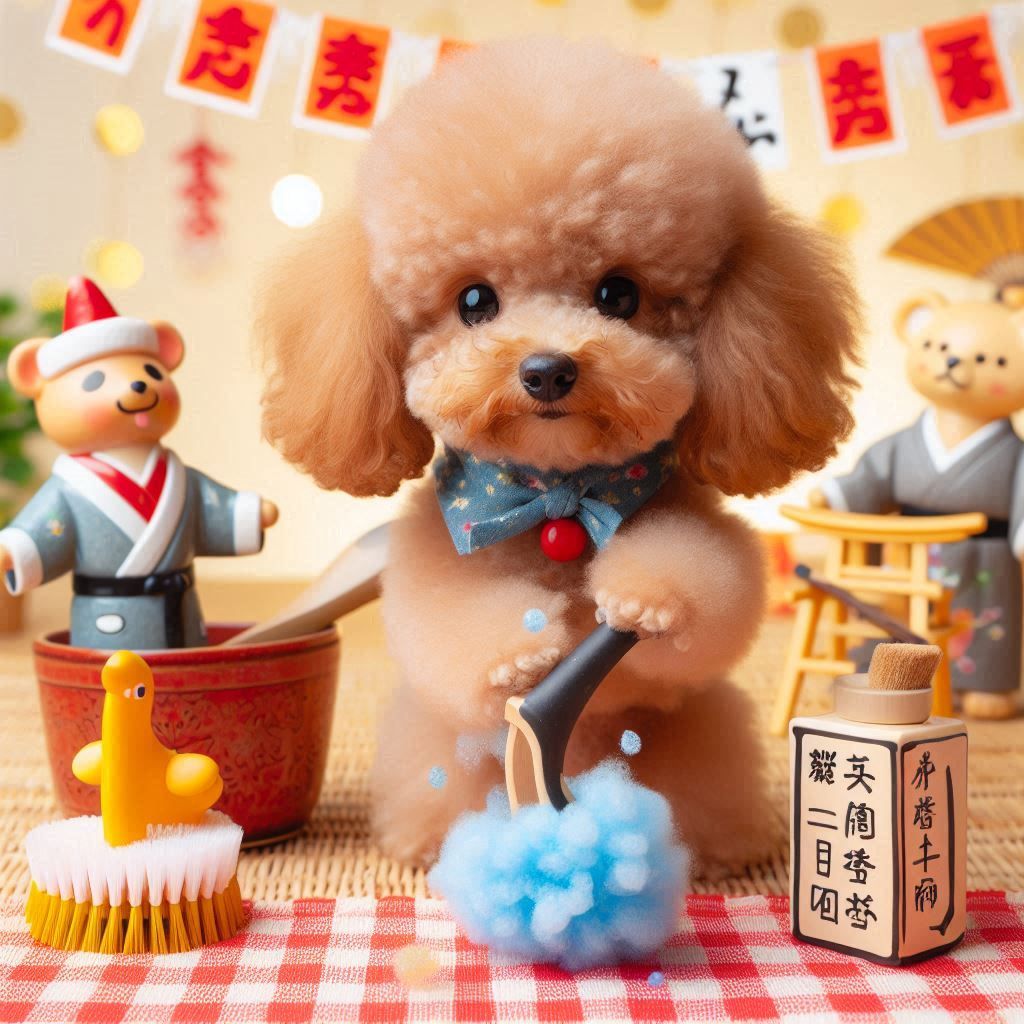 A Toy Poodle doing a big cleaning in the month of Shiosai