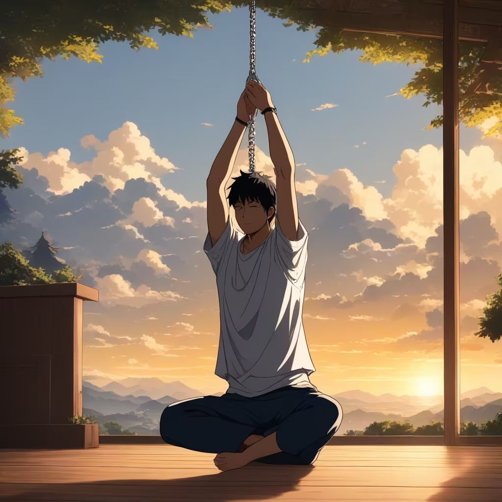 Draw a man hanging on a silver chain,community ser #6592333