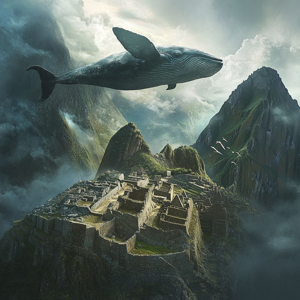 Whale flying over Machu Picchu ruins