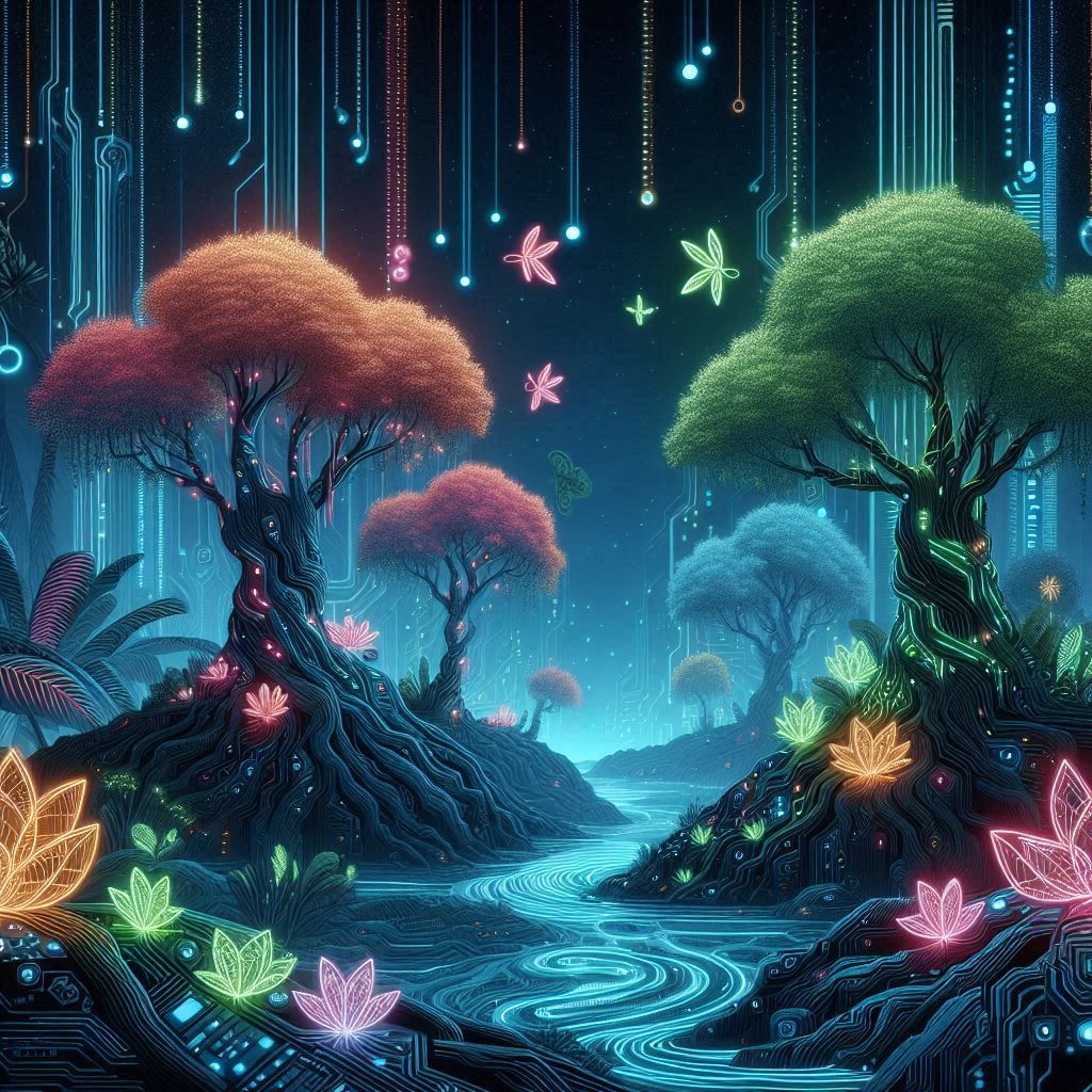 A neon-lit jungle with glowing flora and fauna