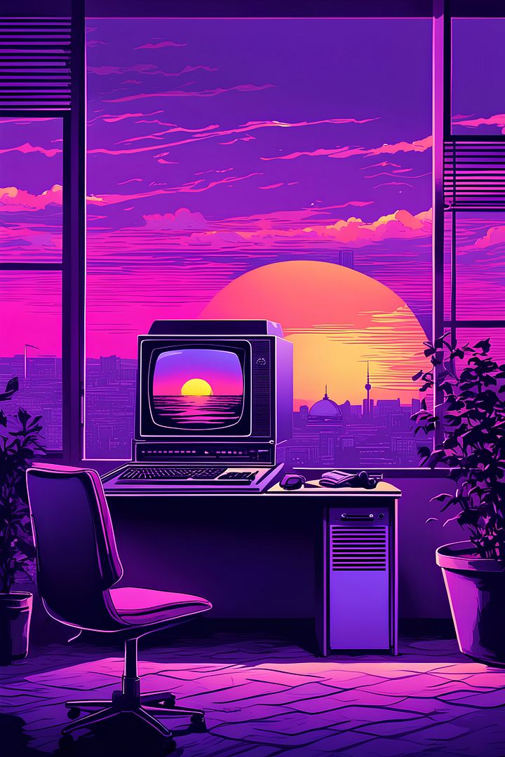 computer with sunset view