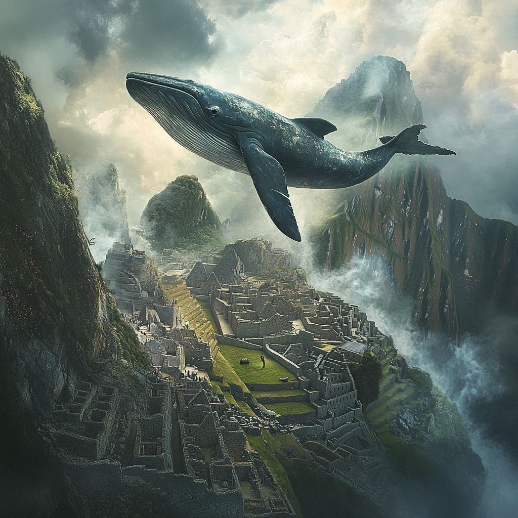 Whale flying over Machu Picchu ruins