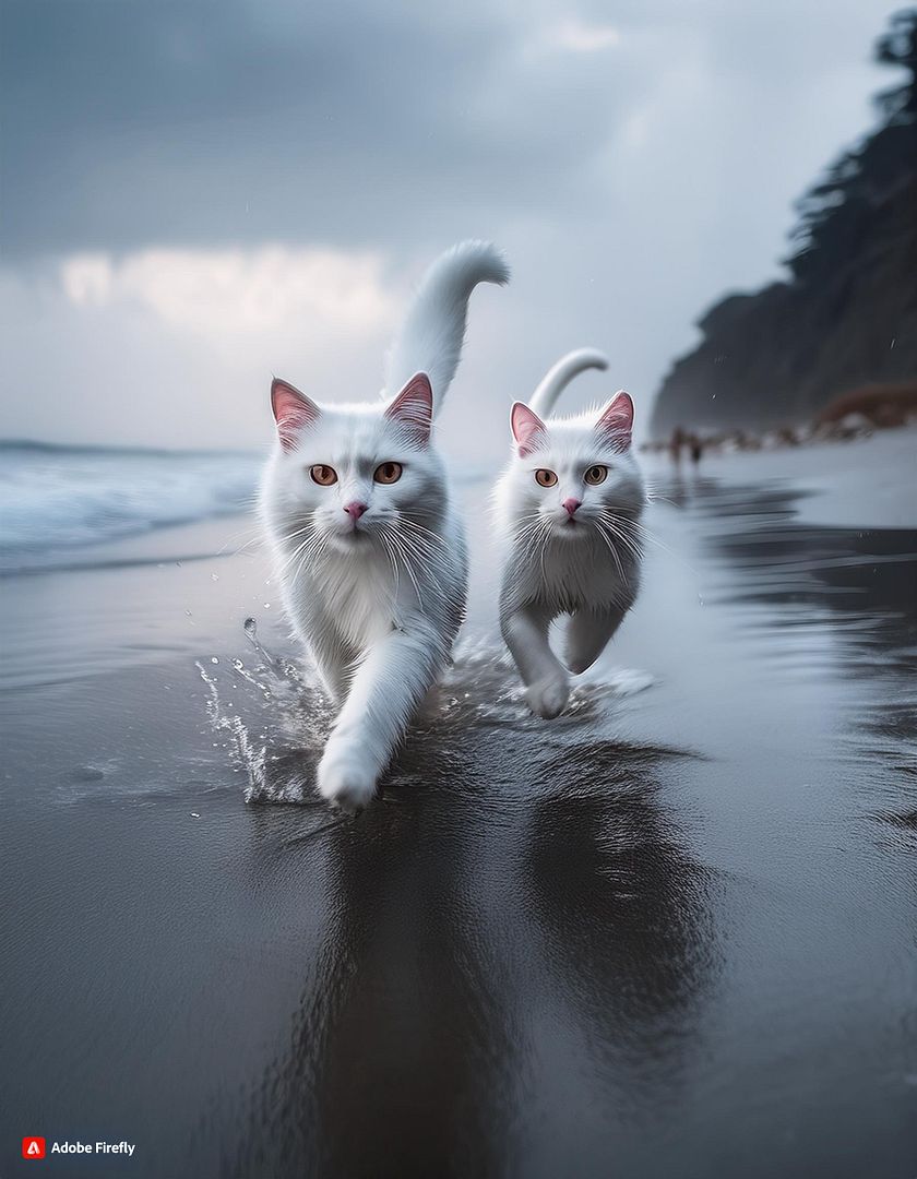 white cats running on the beach in the rain all greyscale with pink nos (2)