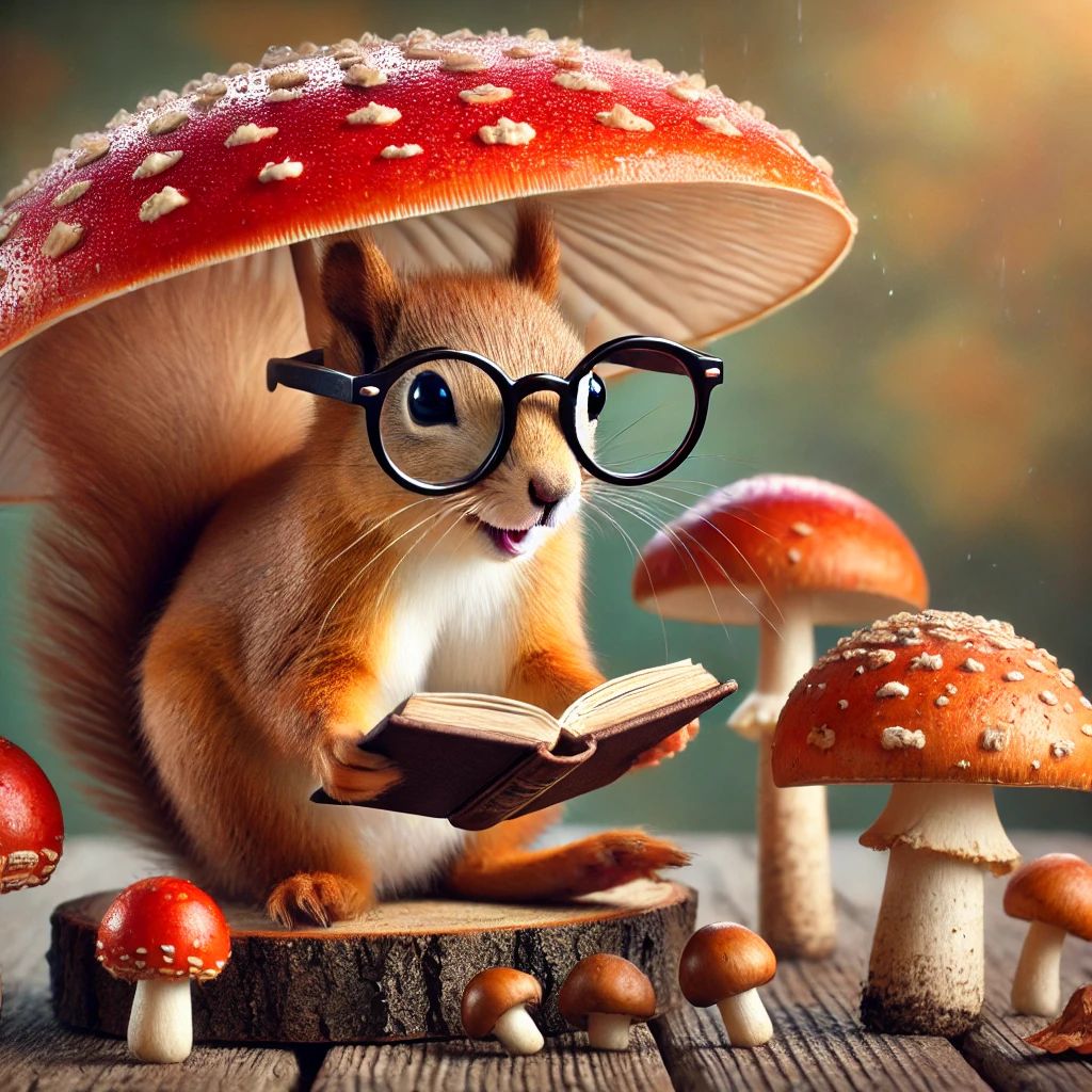 39_funny scene of a squirrel wearing glasses and reading a book under a mushroom umbrella