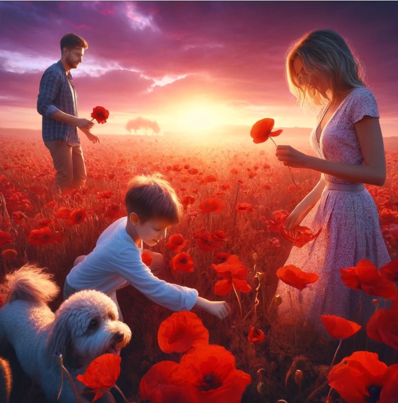 Family walk in a flowerfield