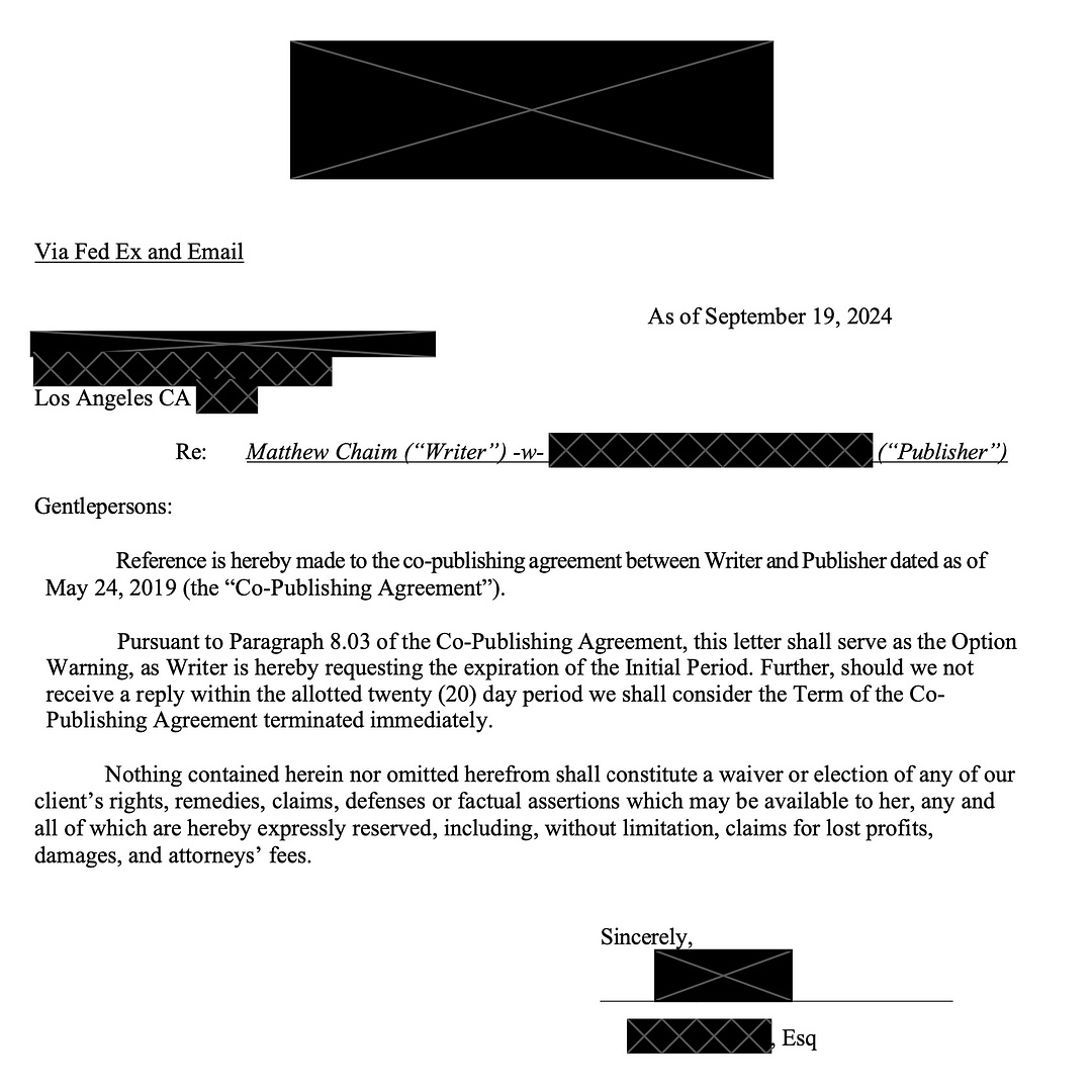 Publishing Agreement Termination [Redacted]