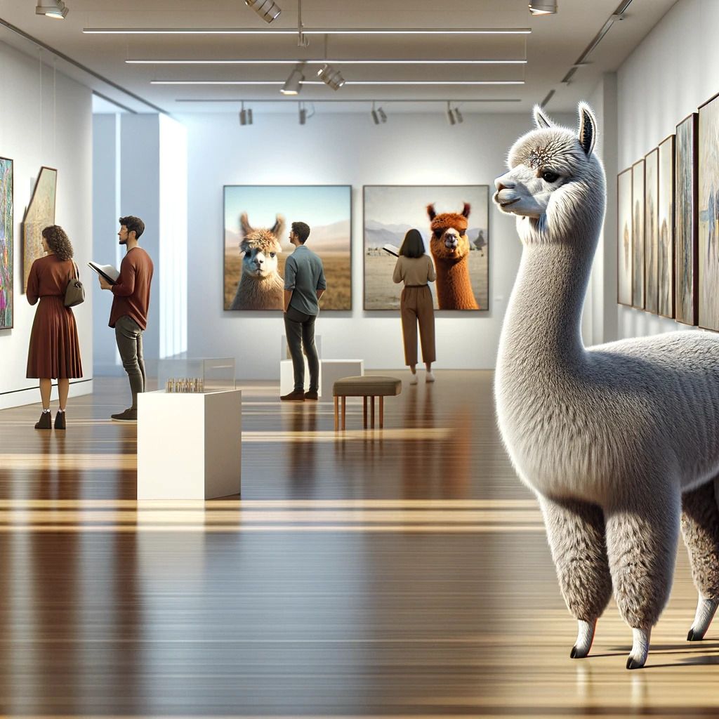 A_realistic_image_of_an_alpaca_examining_art_exhib