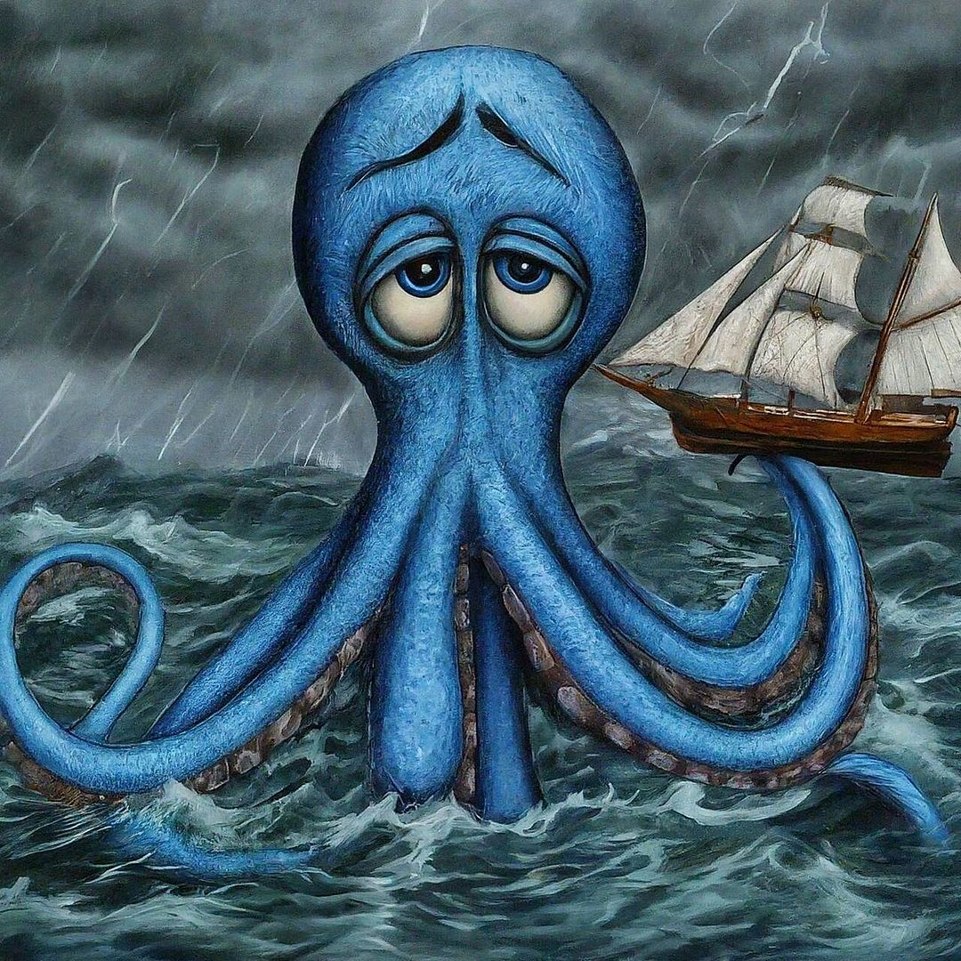 Blue octopus with ship