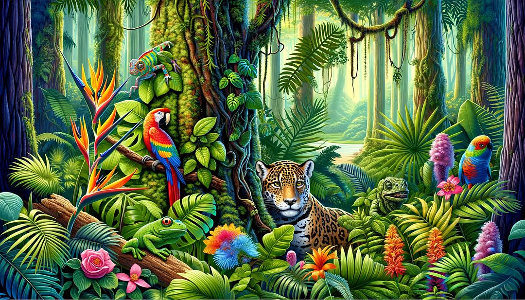 DALL·E 2024-05-14 21.52.03 - A lush and vibrant rainforest scene with various animals hidden among the dense vegetation. A jaguar is partially visible behind a large tree trunk, a