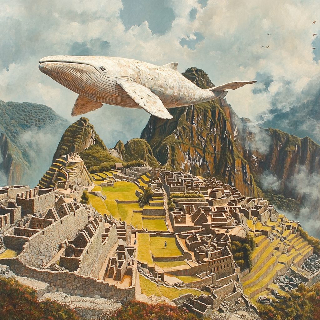 Moby Dick flying over Machu Picchu ruins