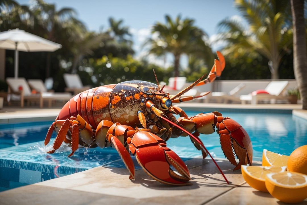 DreamShaper_v7_A_majestic_lobster_lounging_by_the_pool_sipping_2